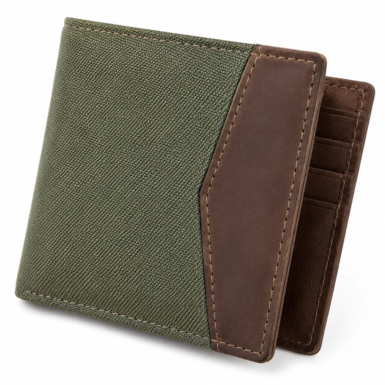 Portefeuille 11 x 9 x 1.5 cm en toile vert kaki et similicuir marron - pliant à cartes