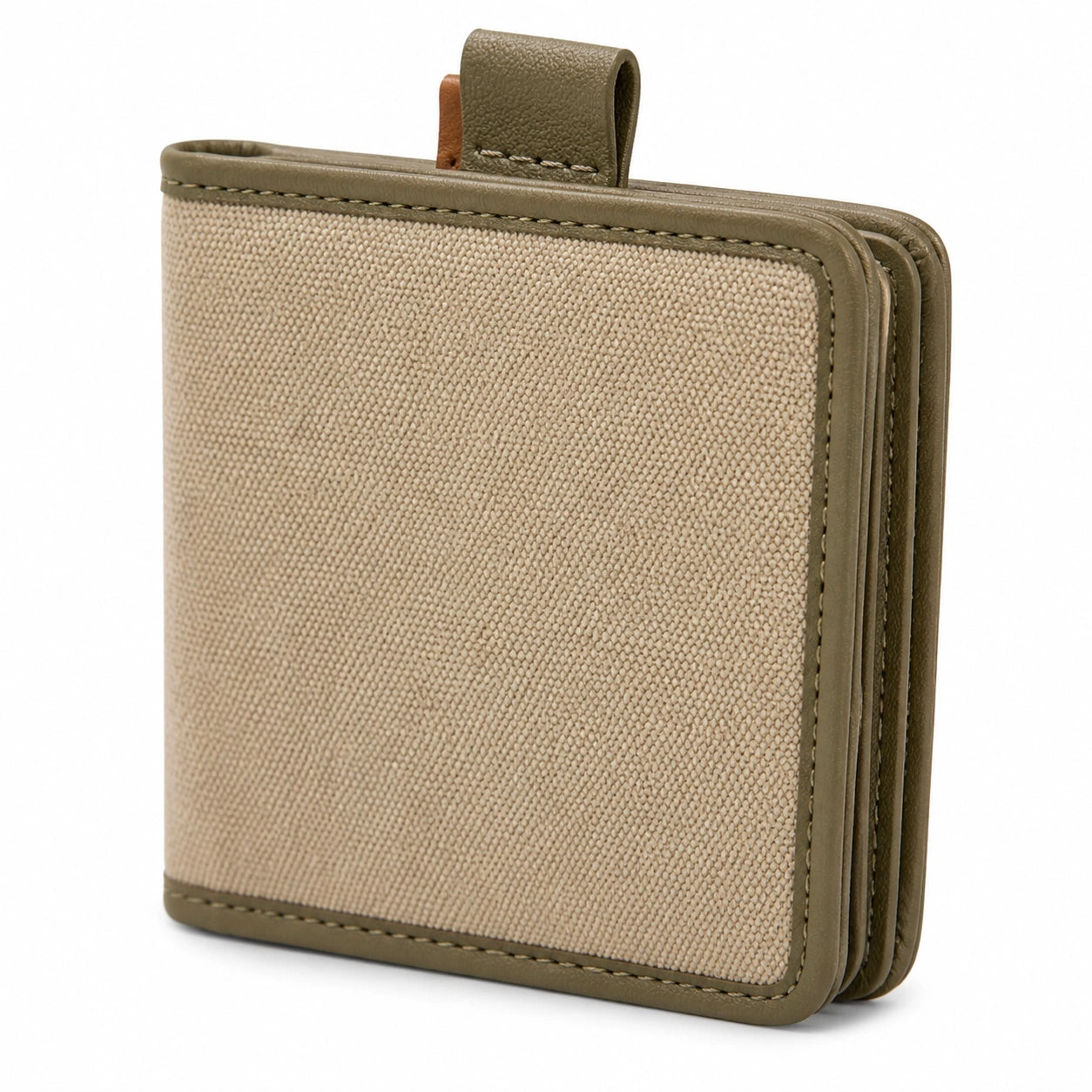 Portefeuille pliant 11 x 9 x 2 cm en toile beige et similicuir kaki style compact