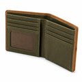 Portefeuille bifold 11 × 9 × 1 cm en toile vert kaki et bordure marron pour cartes et billets