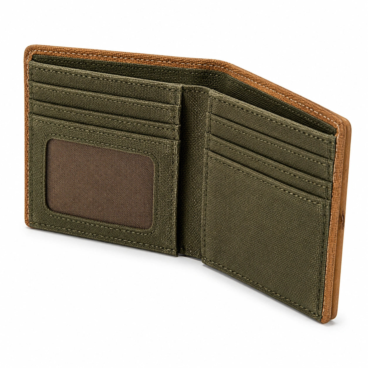 Portefeuille bifold 11 × 9 × 1 cm en toile vert kaki et bordure marron pour cartes et billets