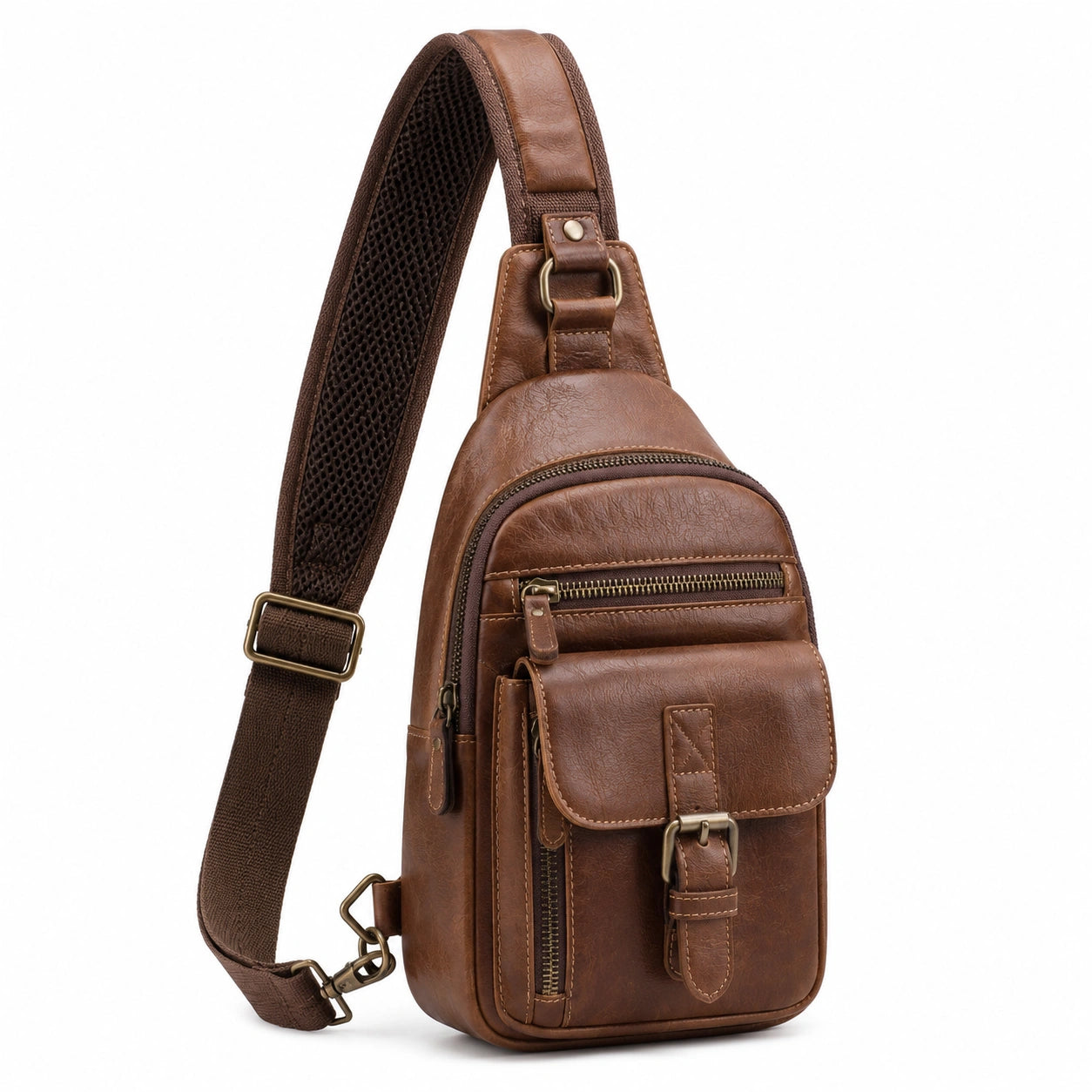 Sac bandoulière 17 x 8 x 30 cm en similicuir marron style vintage avec poches multiples