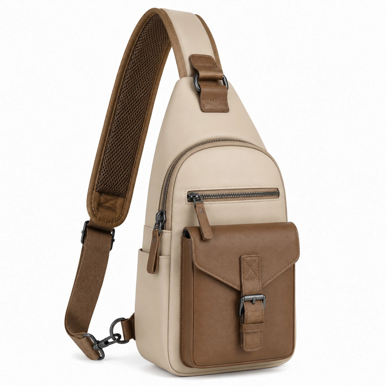 Sac bandoulière 18 x 8 x 30 cm en similicuir beige et marron style urbain