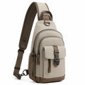 Sac à dos bandoulière 28 x 12 x 38 cm en tissu beige et marron avec poches multiples