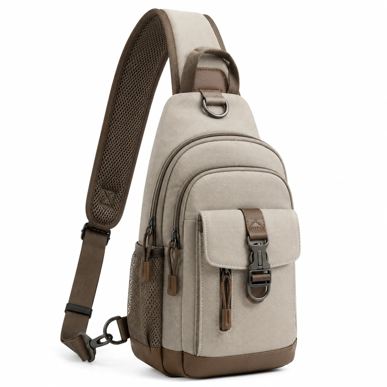 Sac à dos bandoulière 28 x 12 x 38 cm en tissu beige et marron avec poches multiples