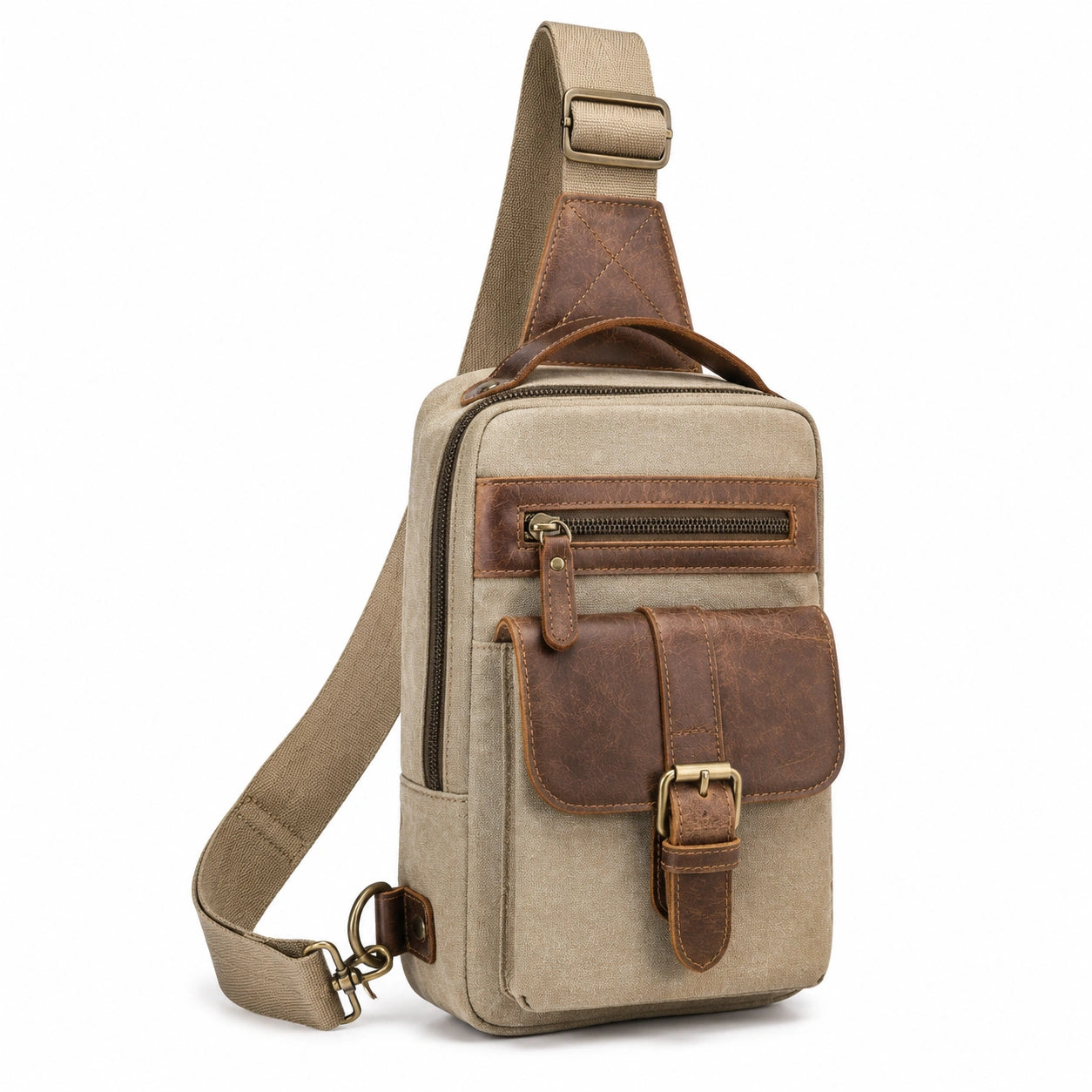 Sac bandoulière 18 x 8 x 31 cm en toile beige et similicuir marron style vintage