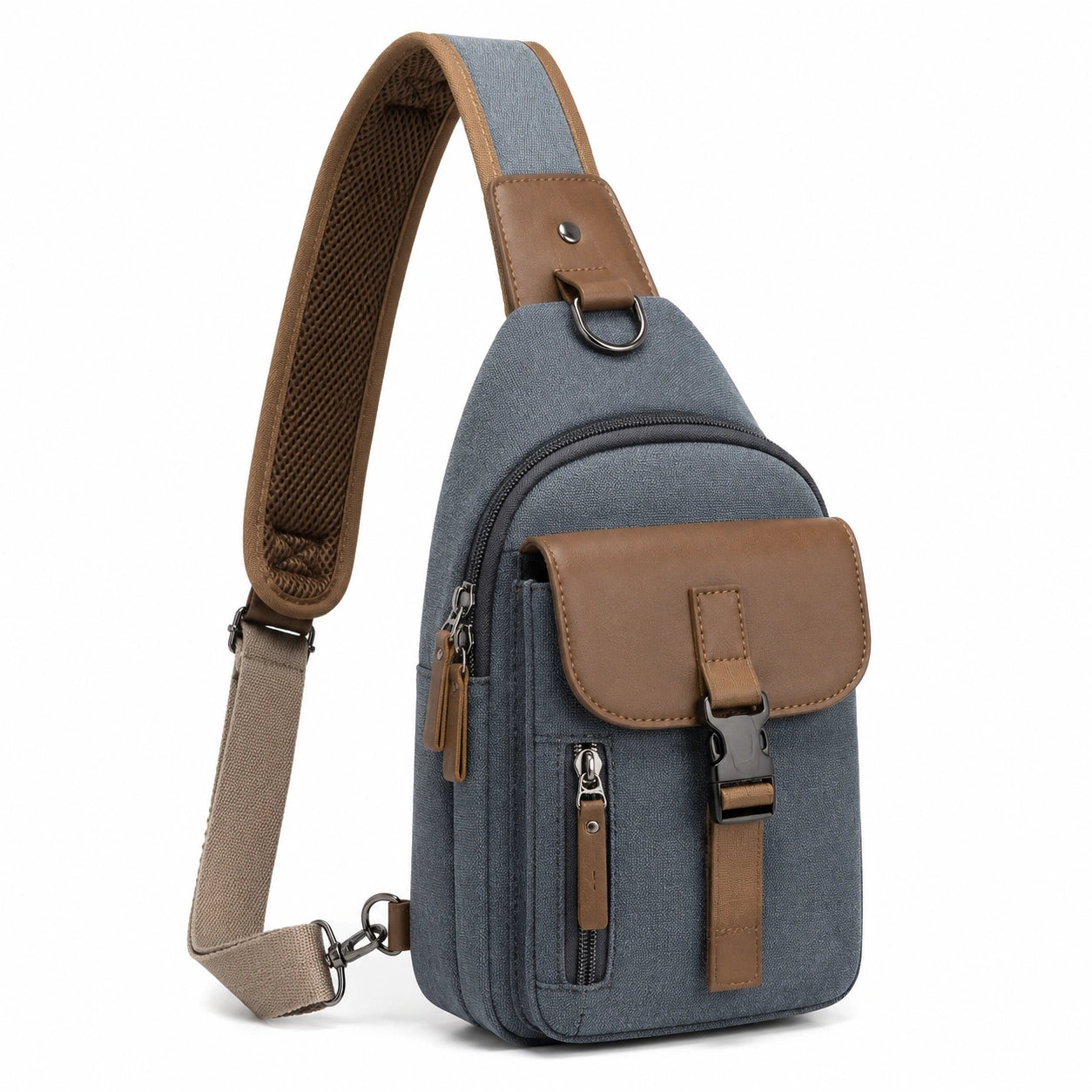 Sac à bandoulière 18 x 8 x 30 cm en tissu synthétique bleu gris et marron style urbain à compartiments