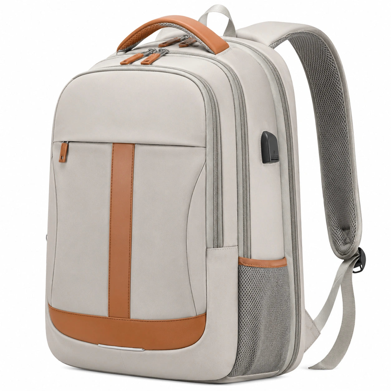 Sac à dos 30 x 15 x 43 cm beige et marron en textile avec port USB pour ordinateur
