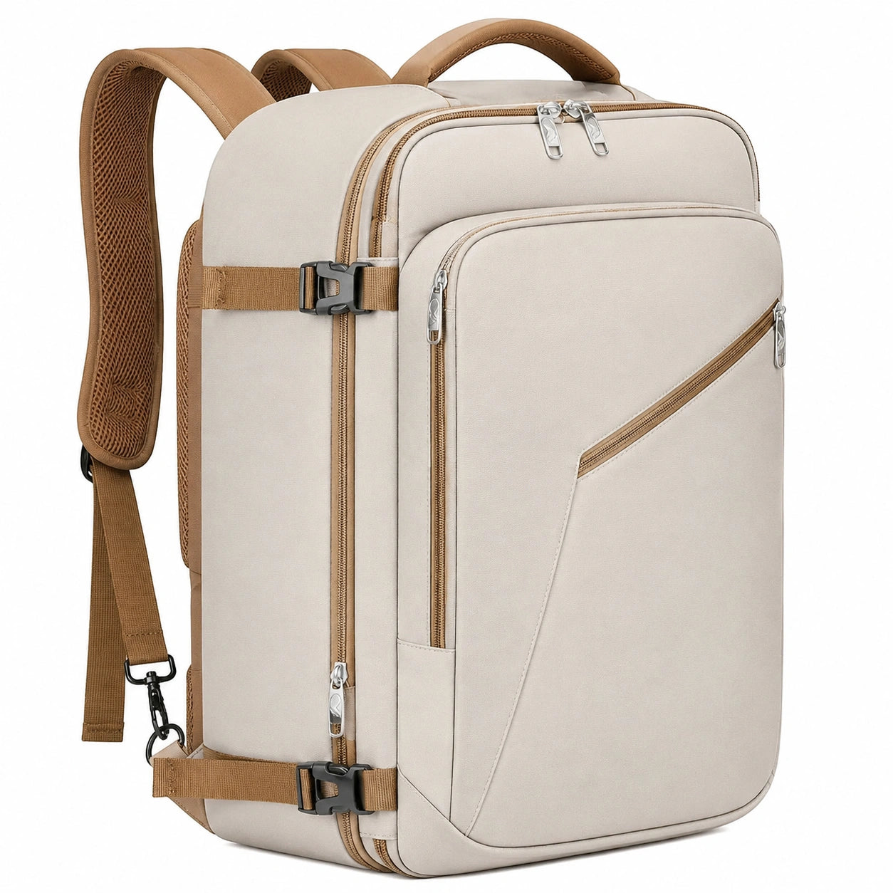 Sac à dos de voyage 32 x 18 x 45 cm en textile beige avec compartiments et sangles de compression