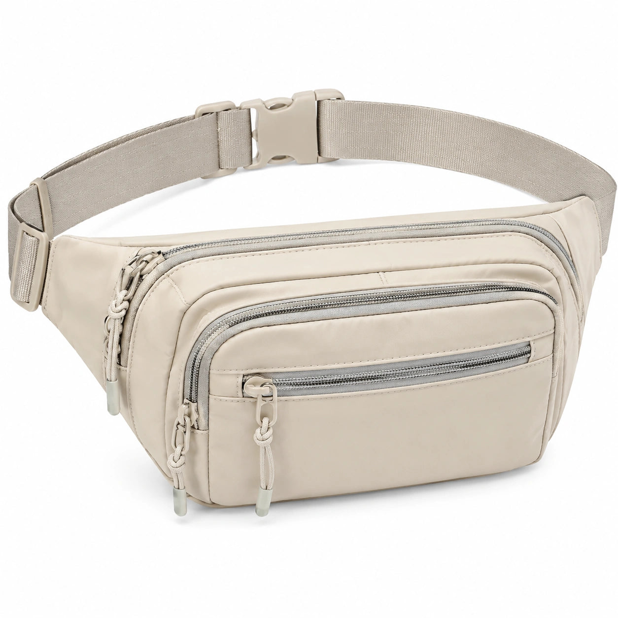 Sac banane 30 x 8 x 16 cm en tissu synthétique beige à poches multiples