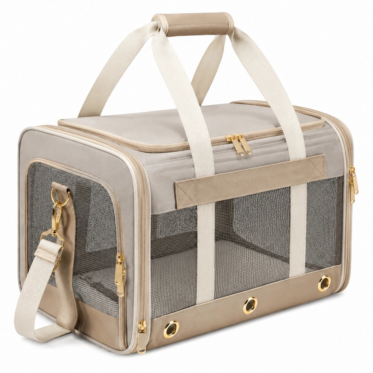 Sac de transport pour animaux 45 x 30 x 30 cm en textile beige à maille aérée style voyage