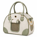 Sac de transport pour animal 43×25×35 cm textile et similicuir vert sauge beige style bowling avec panneaux en maille