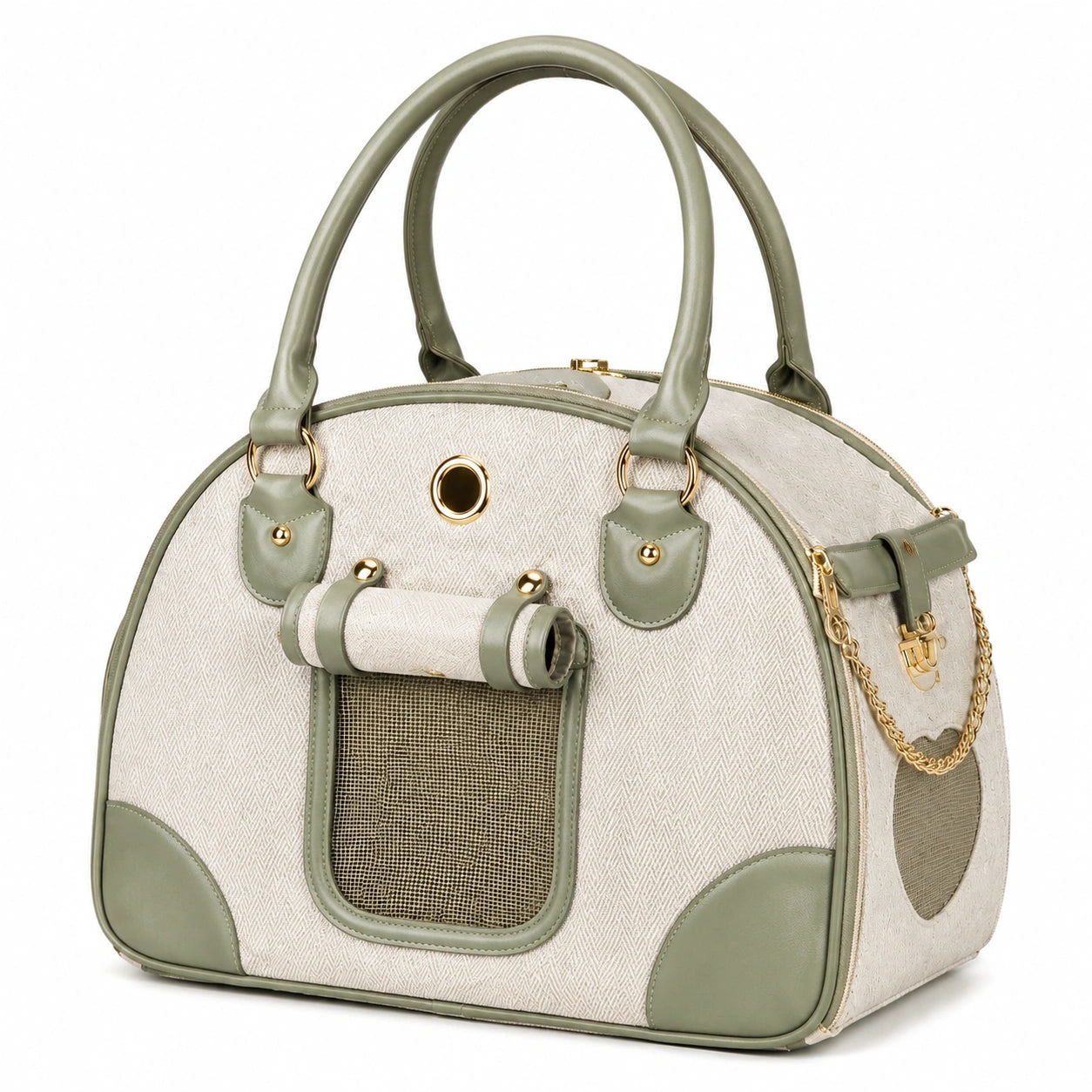 Sac de transport pour animal 43×25×35 cm textile et similicuir vert sauge beige style bowling avec panneaux en maille