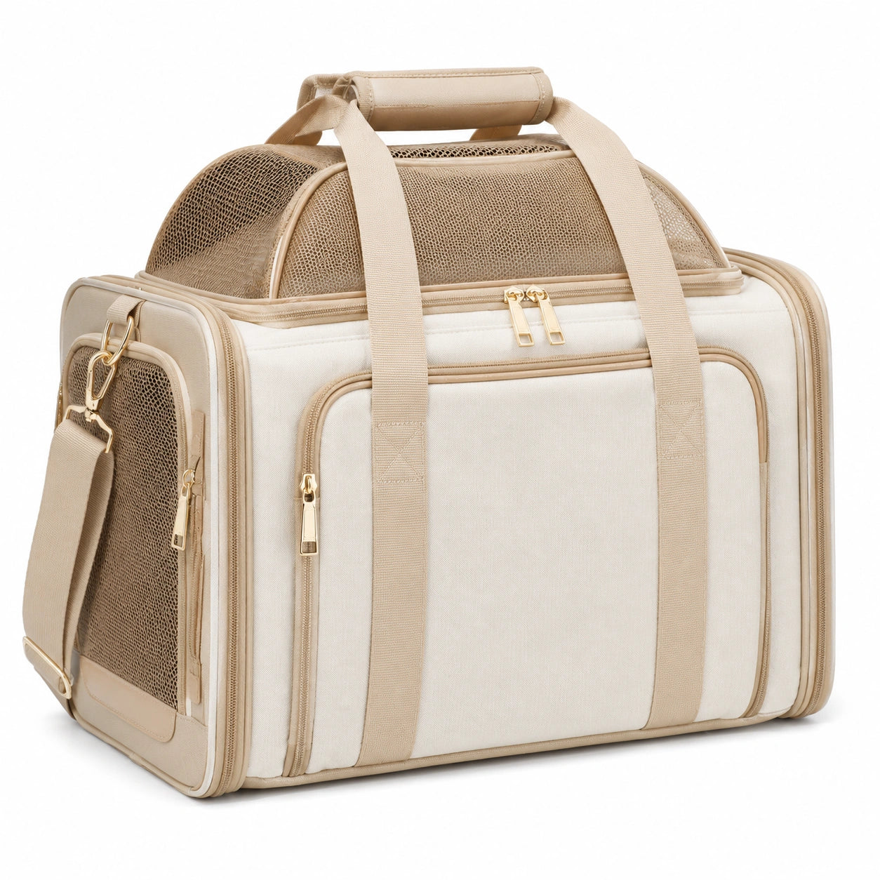 Sac de transport pour animal 45 x 28 x 30 cm en tissu beige avec maille - portable et ventilé