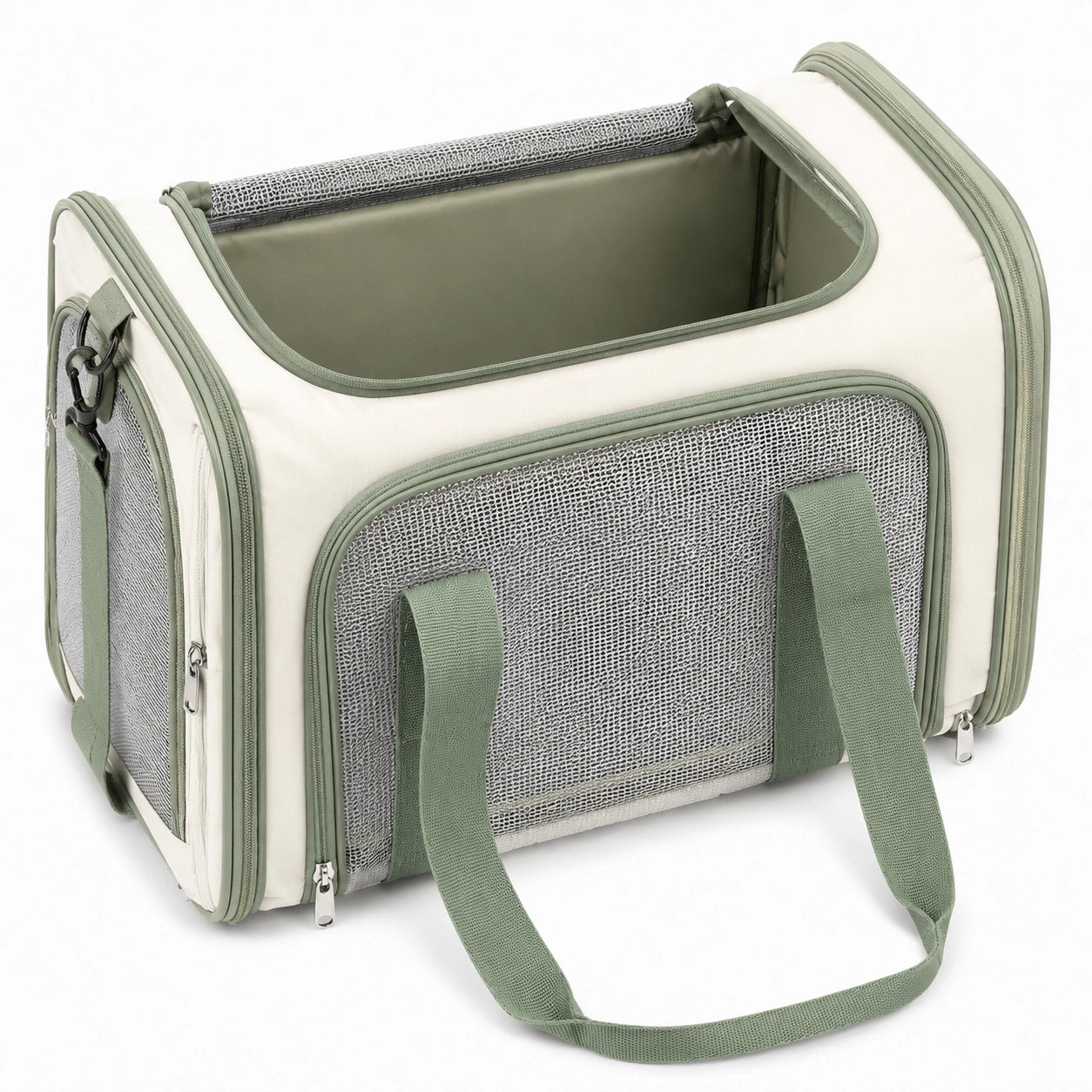 Sac de transport pour animal 45 x 28 x 28 cm en tissu beige vert avec maille respirante