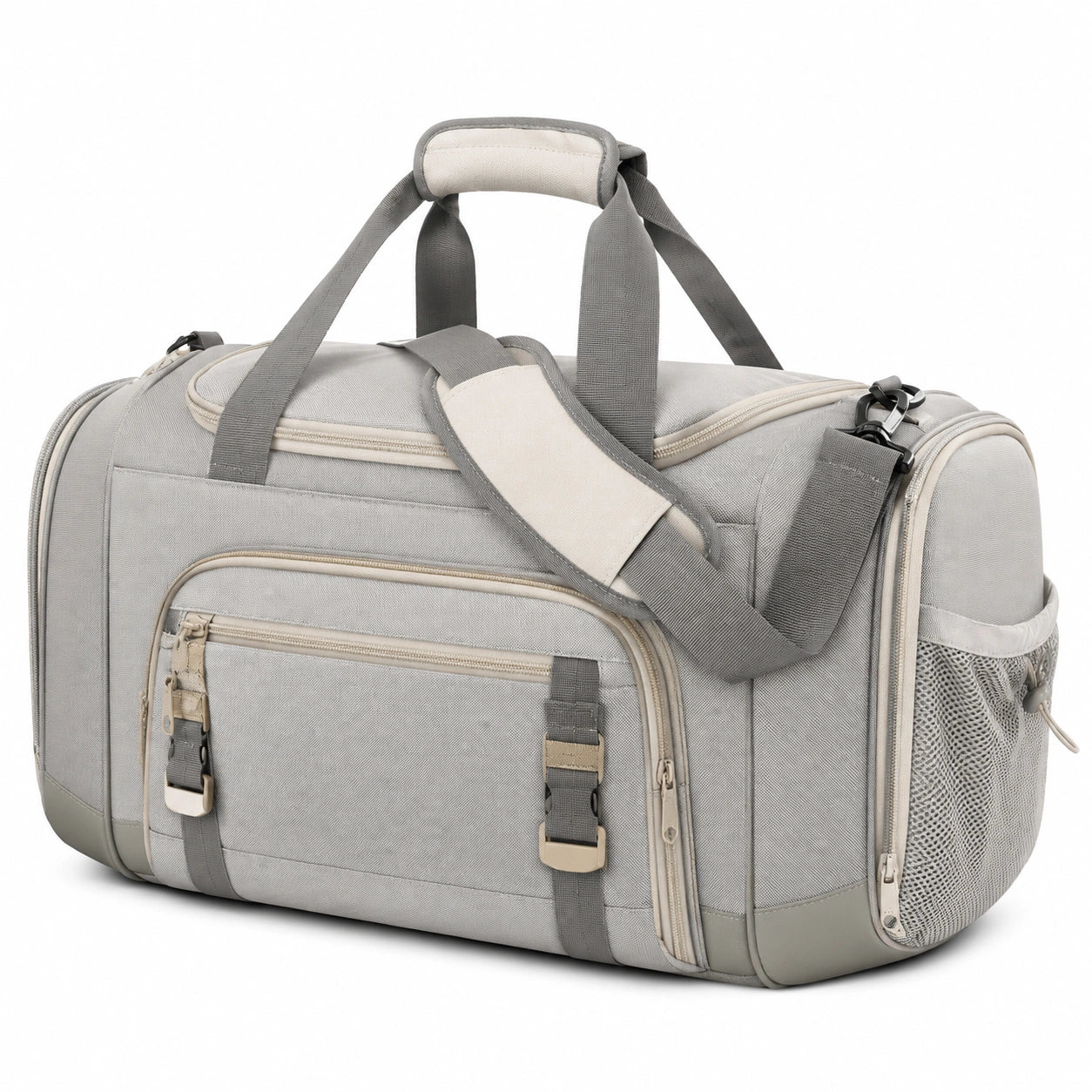 Sac de voyage 50 x 25 x 30 cm en polyester gris beige avec bandoulière et poches zippées