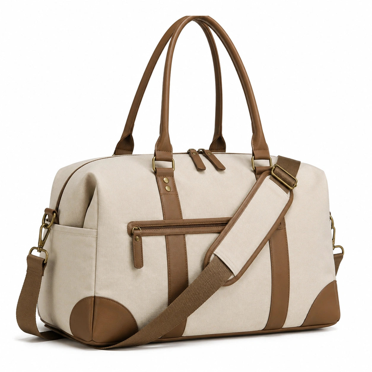 Sac de voyage 45 x 25 x 30 cm en toile beige et brun avec bandoulière réglable style week-end