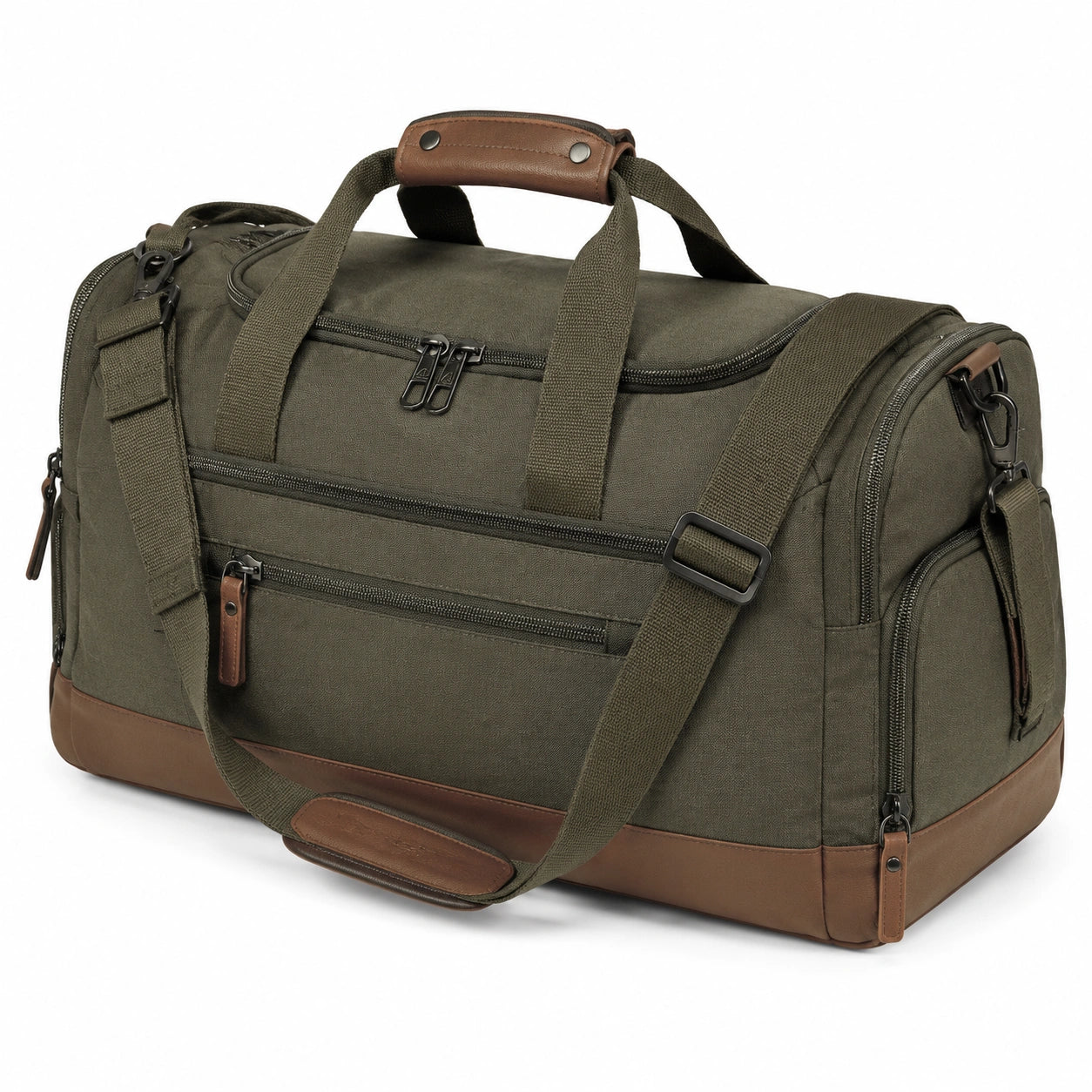 Sac de voyage 50 x 25 x 30 cm textile vert kaki et marron à bandoulière compartimenté