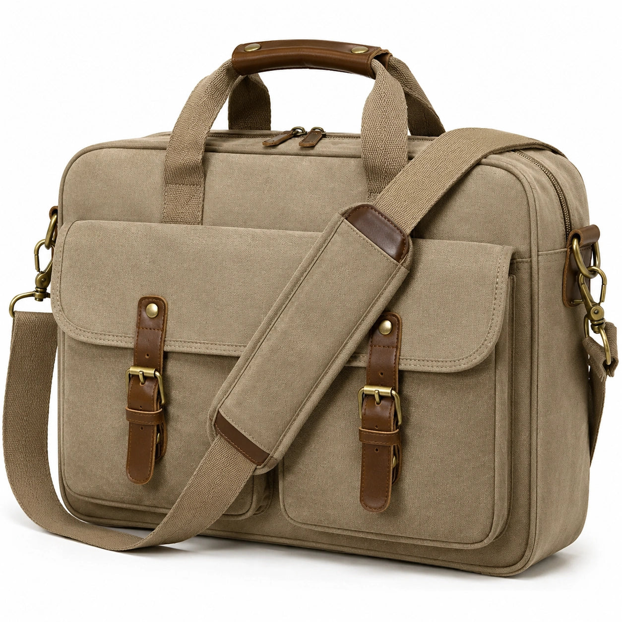 Sac ordinateur 42 x 12 x 32 cm en toile beige et similicuir marron style vintage avec bandoulière