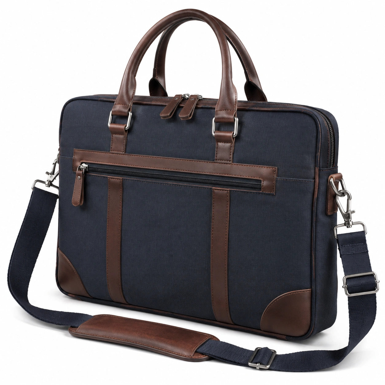 Sacoche ordinateur 42 x 10 x 32 cm textile bleu marine marron avec bandoulière réglable