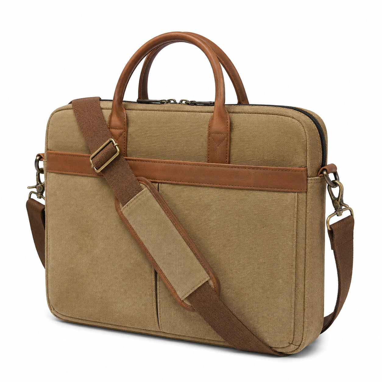 Sacoche ordinateur 40 cm en toile beige et marron avec bandoulière style vintage