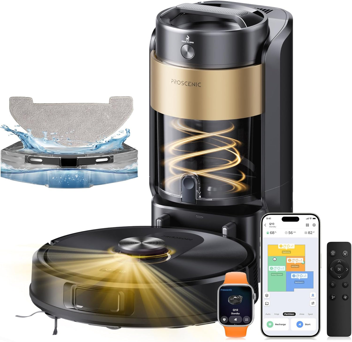 Proscenic robot aspirateur, Noir, Q20 Plus Laveur 10000Pa avec Station Sans Sac Vidage Automatique, 200Min Aspirateur Robot et Serpillière