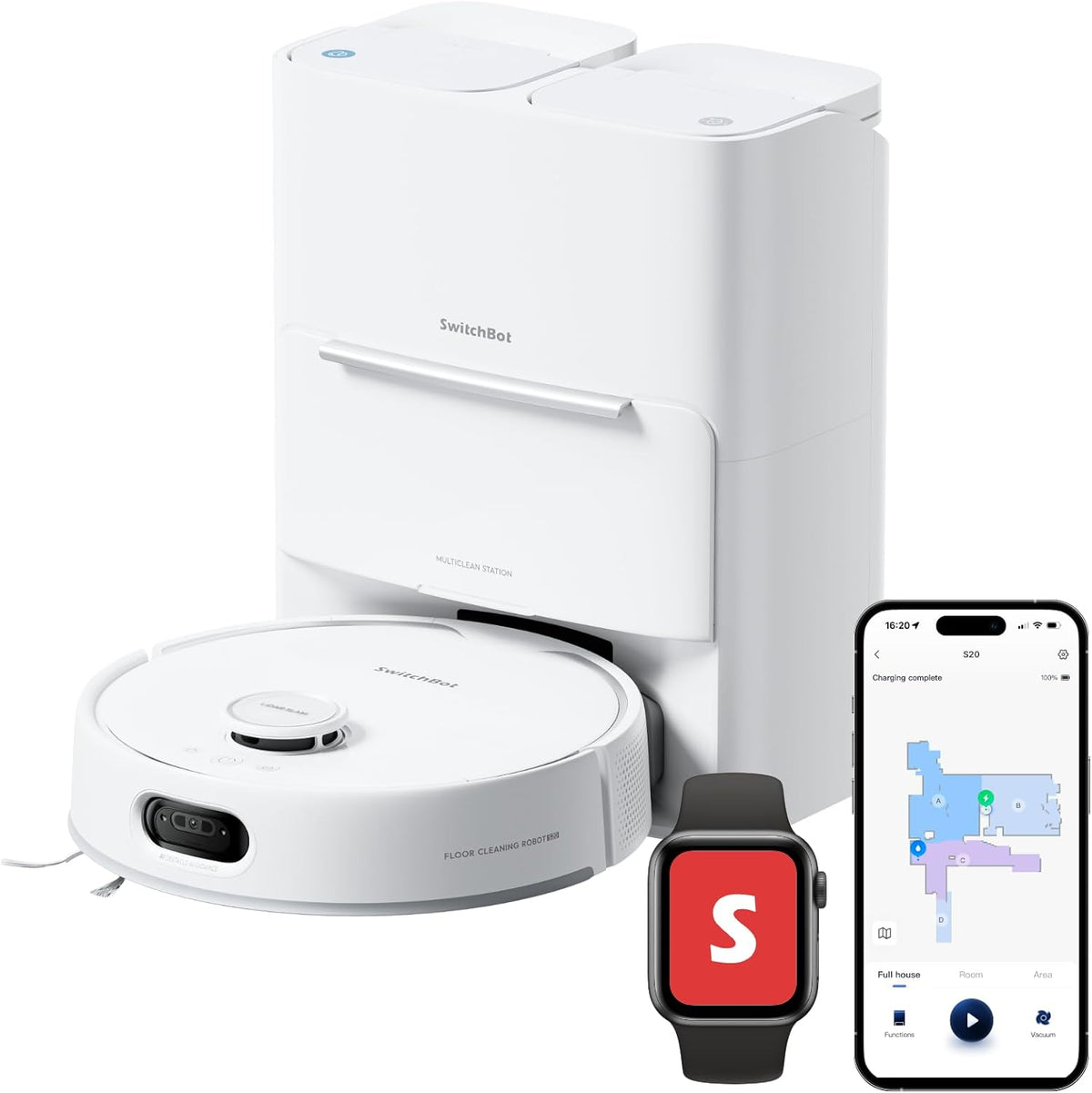 SwitchBot robot aspirateur, Noir, Aspirateur Robot Laveur S20, Aspiration 10000 Pa, Évitement d'obstacles IA