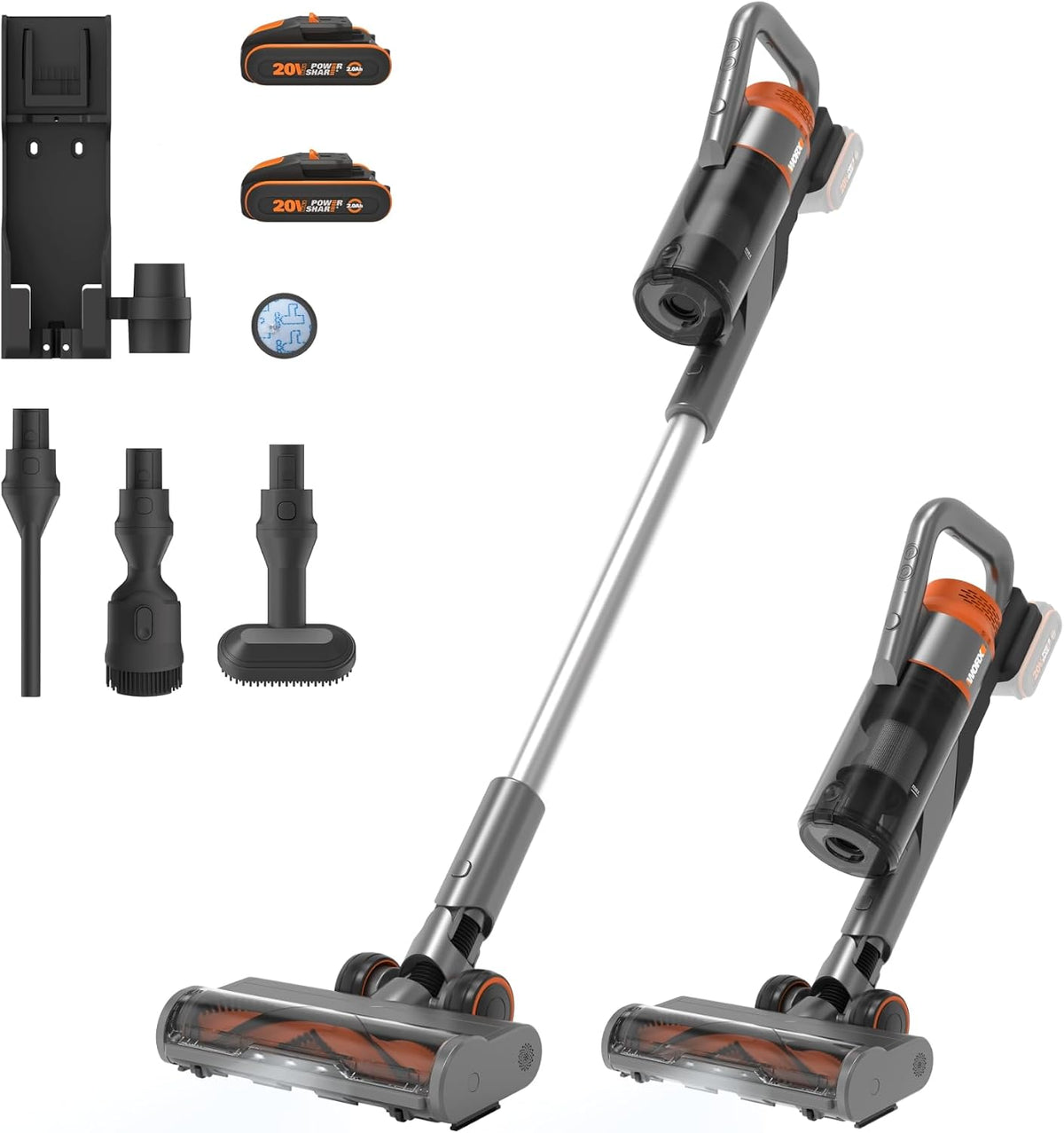 WORX aspirateur balai sans fil, 20 V, 25kPa, 2.0 Ah, Noir, WX038 Aspirateur à Main Batteries, Puissant, jusqu'à 45min pour Poils d'Animaux