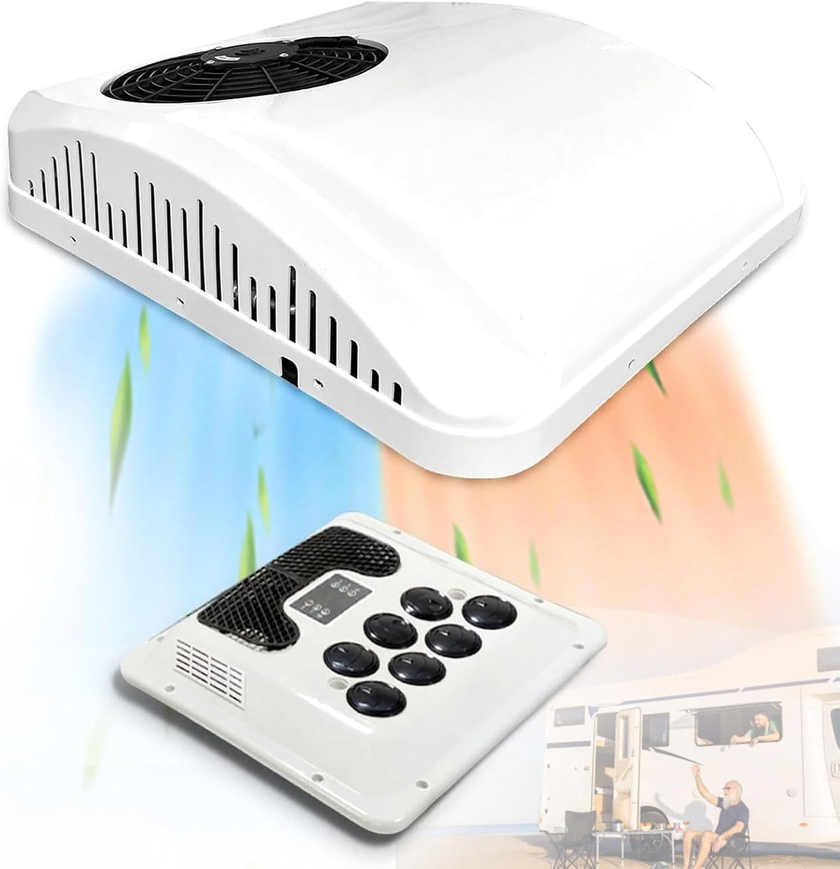 Lakenbroade Climatiseurs, 9000 BTU, 12 V, 24 V, 48 V, 24 V, Blanc, Climatiseur RV avec Chaleur / /, Unité AC Universelle sur Le Toit RV