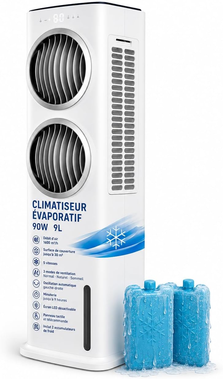 Vonala rafraîchisseur d'air, 9 L, 90 W, Blanc, par évaporation SMALL-DUO, portable avec double ventilateur