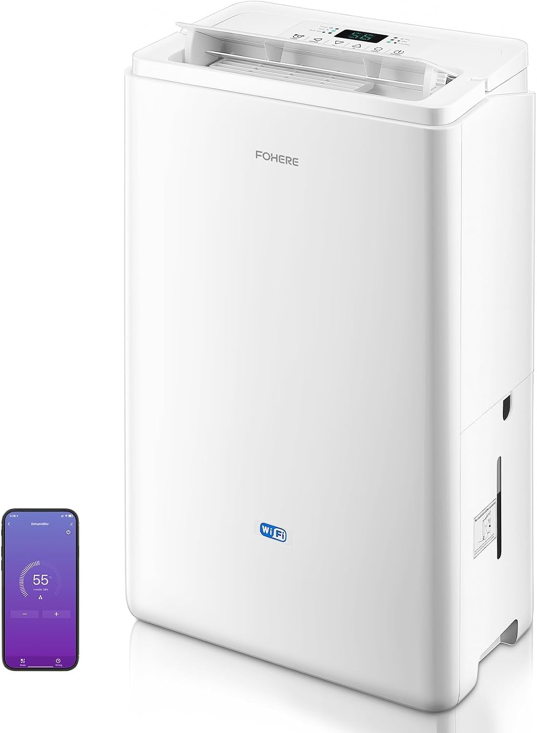 FOHERE déshumidificateur, 20 l, 135 m, 50 m, Blanc, drainage continu, séchage du linge, mode oscillant, minuterie et arrêt automatique