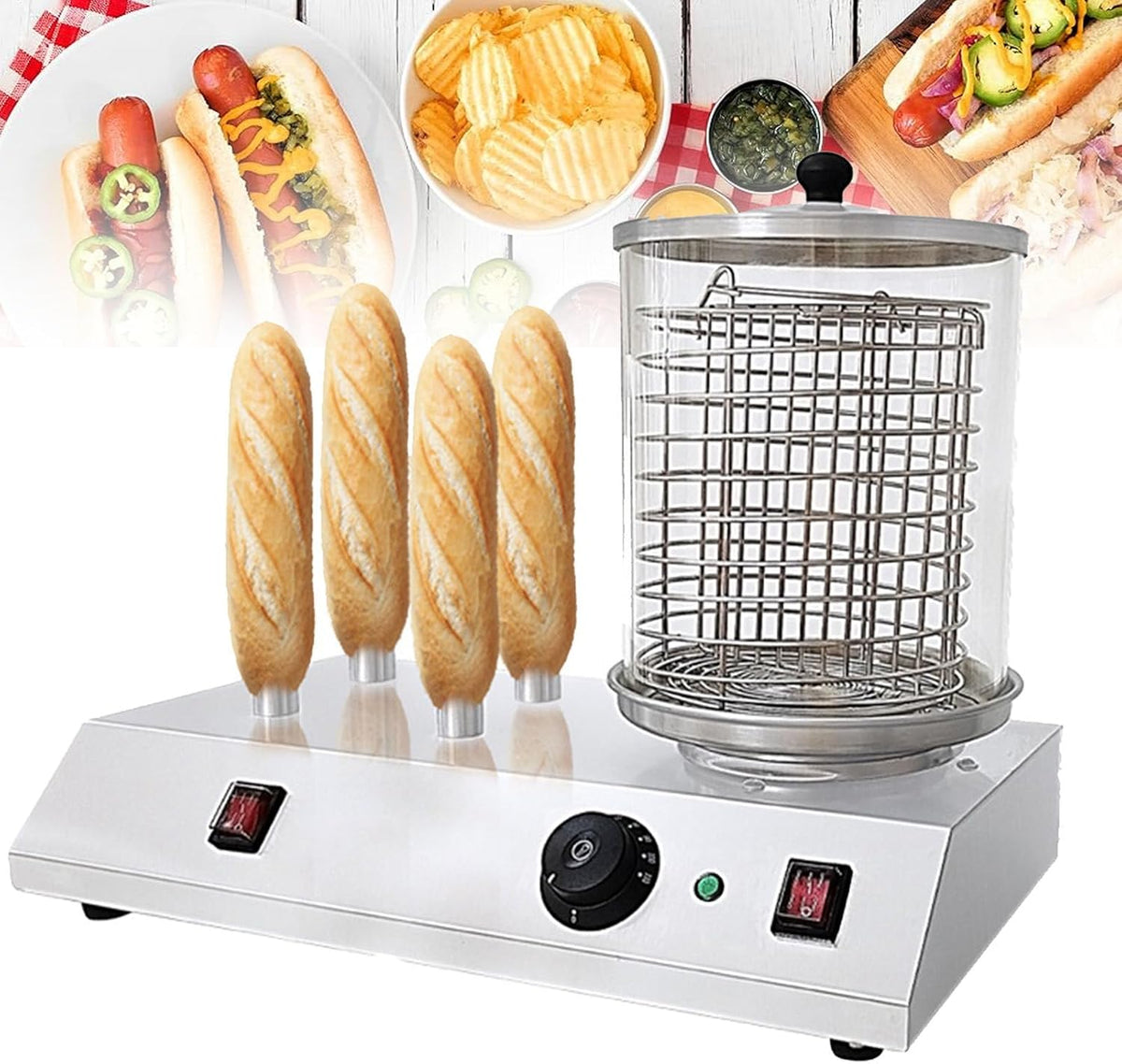 HTTGDGDH Appareils à hot dog, 501 x 278 x 370 mm, 458 W, Argent, Machine à Hot-Dogs Professionnelle, Machine à Hot-Dogs électrique en Acier Inoxydable