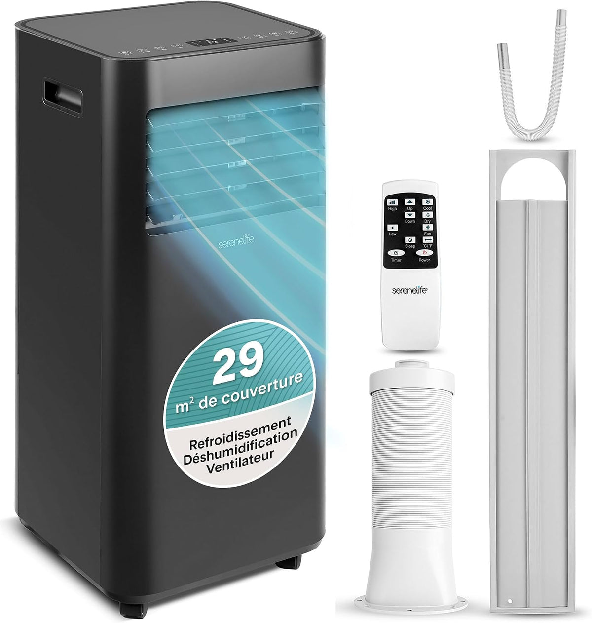 SereneLife climatiseur portable, 7000 BTU, 2,0 kW, 28 m, 54 dB, Noir, Climatiseur Mobile ( ), Climatiseur avec Tuyau d'Évacuation