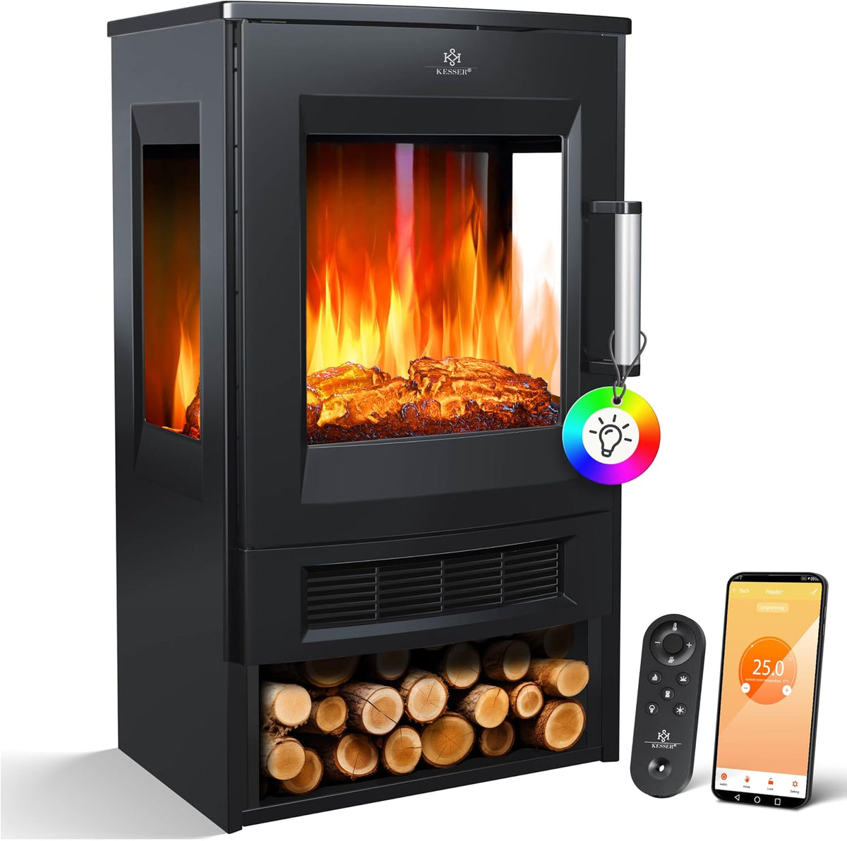 KESSER cheminée électrique, 1800 W, Noir, ® avec Chauffage, fenêtre panoramique, Ventilateur Chauffant, Effet de Flamme LED avec 9 Modes de Couleur