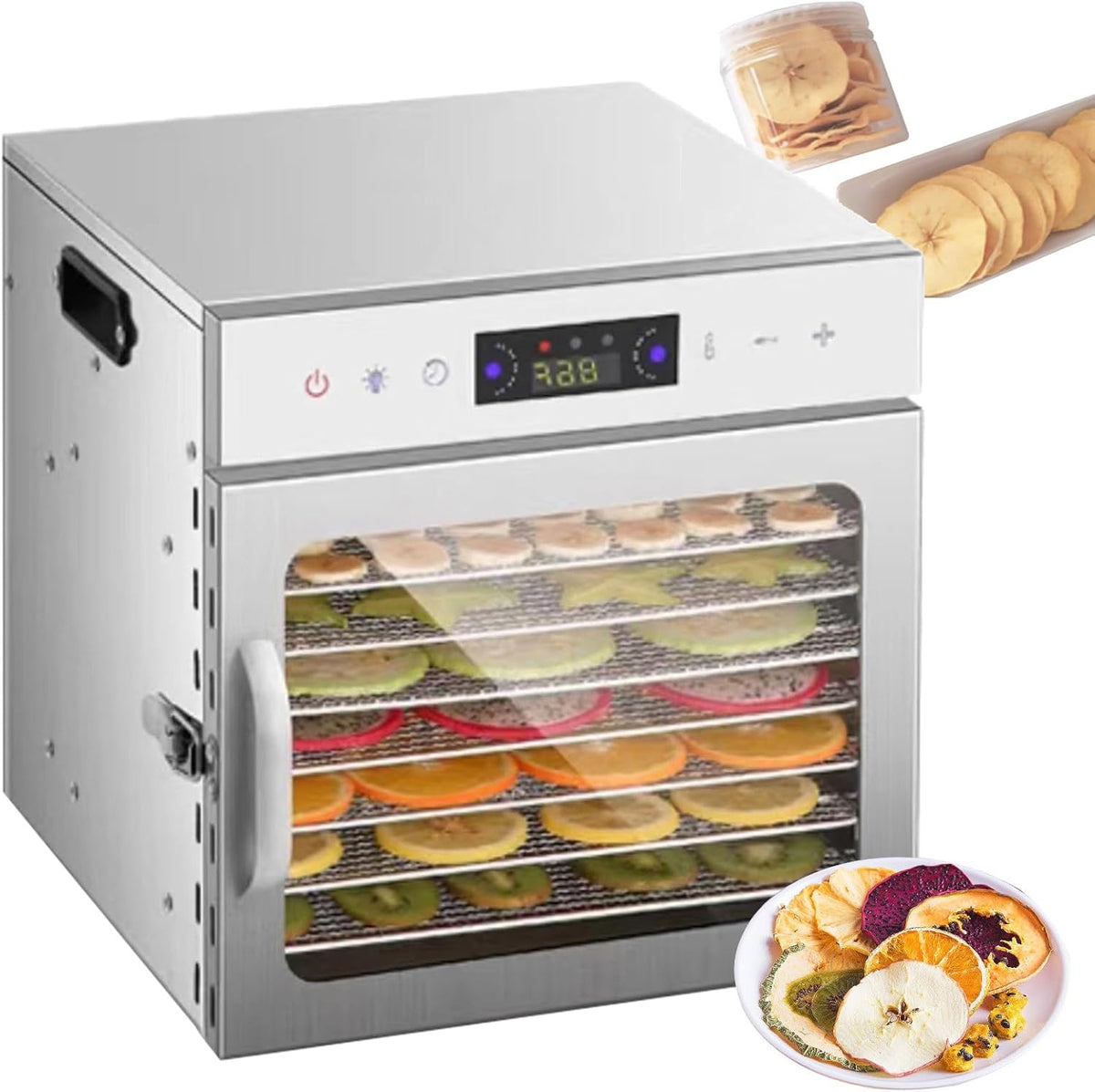 XSDAJSD déshydrateur alimentaire, Acier inoxydable 304 + verre trempé, Argenté, 8/12/18 couches, durée de vie maximale 24 h