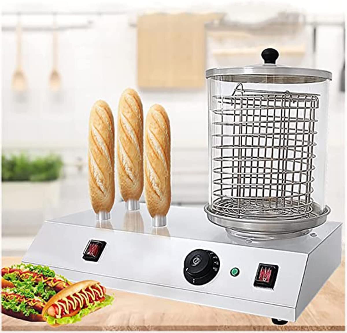 KJHYYPP Appareils à hot dog, argent, Machine à Hot-Dog électrique avec cuiseur à Vapeur pour Hot-Dog, 3 bâtons (3sticks)