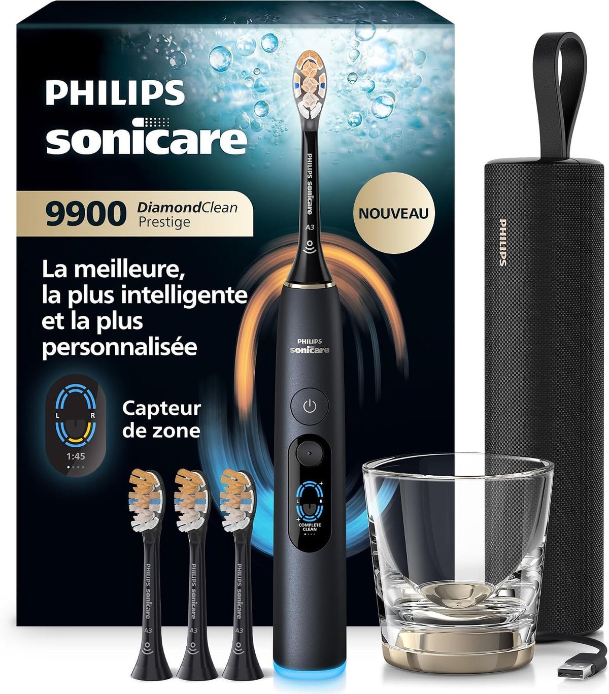 PHILIPS Soniques, Noir, Sonicare DiamondClean 9900 Prestige nouvelle génération, brosse à dents électrique avec SenseIQ