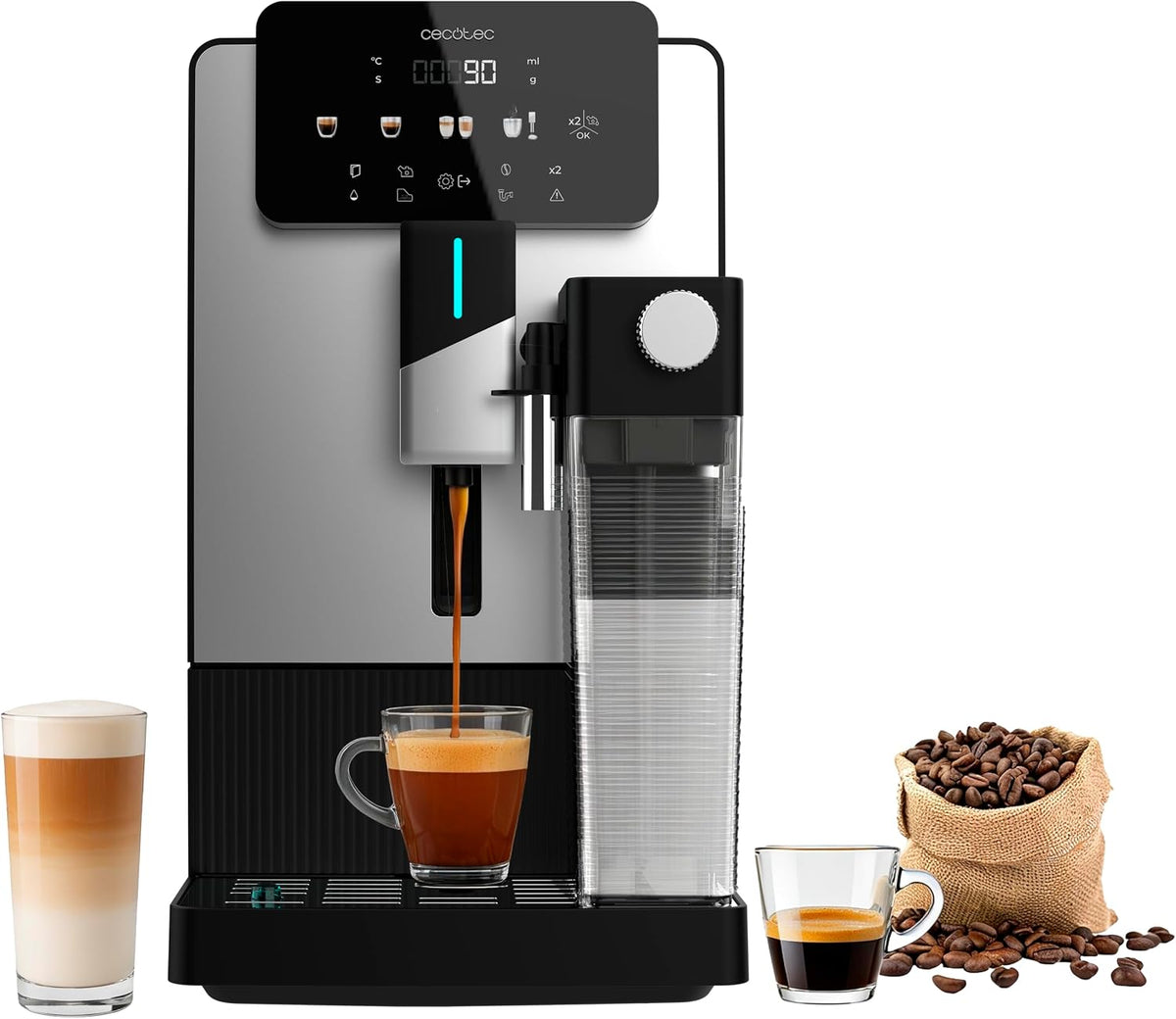 Cecotec machine à café, 1500 W, 150 g, 1,1 L, 400 ml, Noir/Argenté, Express Superautomatique Cremmaet Latte Art Elite