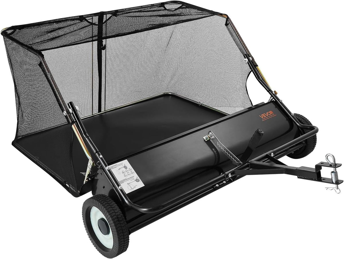VEVOR appareil de massage, 122 cm, 566 L, Noir, Balayeuse à Gazon Tractée, Balai Ramasseur Herbes et Feuilles