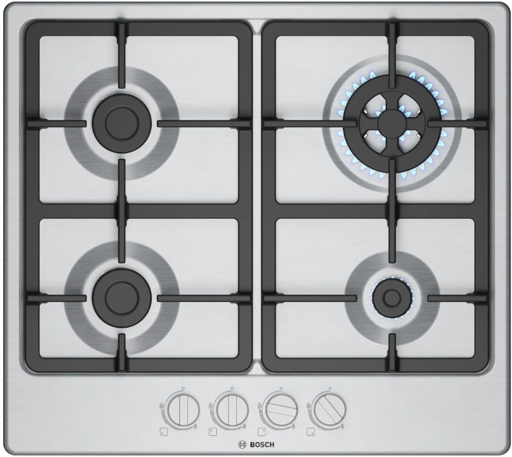 Tables de cuisson Bosch, 3,3 Kw, 60 Cm, Argenté, PGH6B5K90 Série 4 Plateau Cuisson à Gaz, Brûleur Wok : Puissance jusqu'à