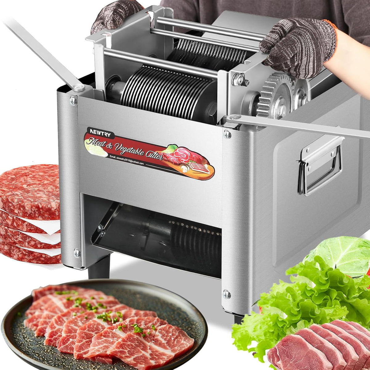 NEWTRY trancheuse électrique, 3,5 mm, 750 W, Argenté, Trancheuse viande électrique commerciale Gastro, Acier inoxydable