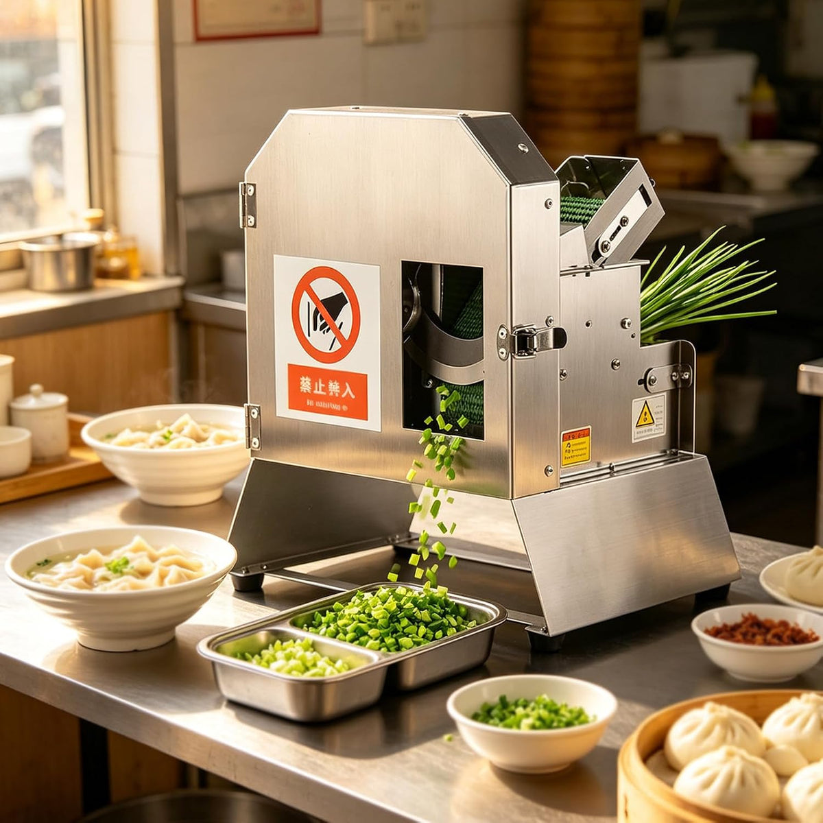 MINEYCHCEY trancheuse électrique, 200 W, Argenté, Coupe-légumes électrique Pro, 304 Acier INOX, trancheur oignons ciboule