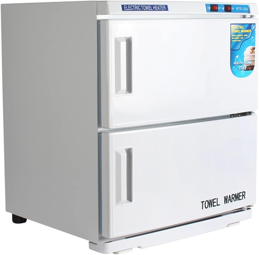 Chauffe Sèche-serviettes, 30 L, Argenté, -serviettes pour serviettes chaudes, design à double porte, plateau double couche en acier inoxydable
