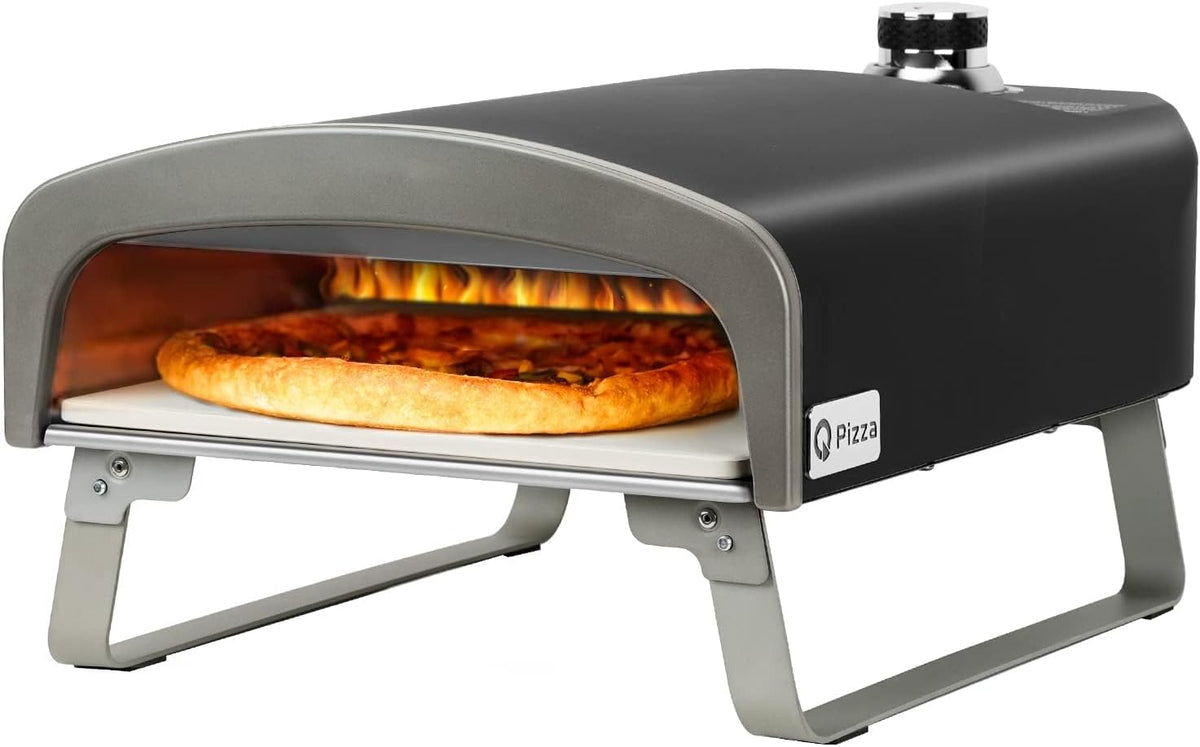 DOBADN four à pizza, 33 cm, Noir/Argenté, Q Pizza à gaz avec régulateur et pierre à pizza, Cuisson des pizzas croustillantes en 60 secondes