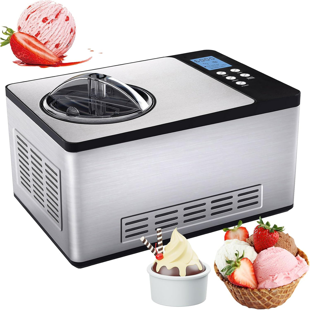 HYQNG sorbetière, 1500ML, 220-240 V ~ 50 Hz, 1,5 L, Noir, à compresseur, Automatique pour la Maison avec écran LCD