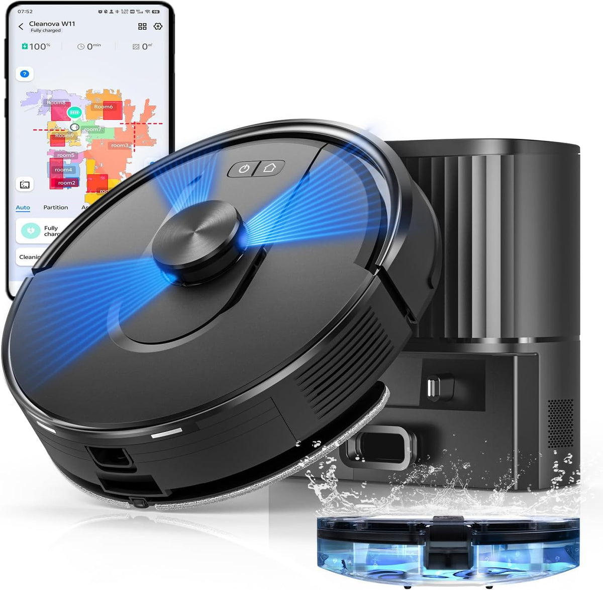 Vexilar robot aspirateur, Noir, Laveur 5000Pa, Cleanova W11 Aspirateur avec Vidange Automatique Poussière