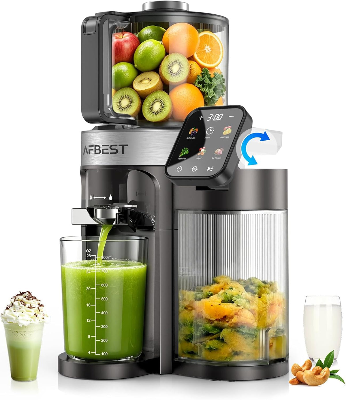 AFBEST Extracteurs de jus à vis simple, 155 mm, 2,5 l, Noir, 2026 Slow Juicer, 3 en 1 Smart Touch Juicer Machine pour fruits/légumes entiers