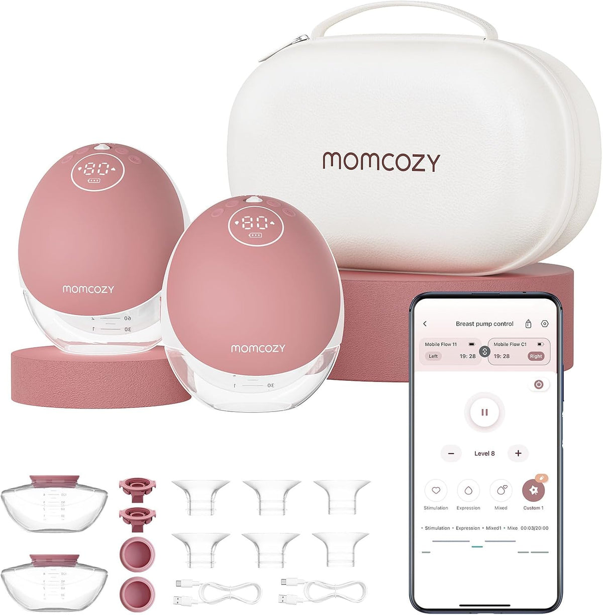 momcozy Tire-laits, Rouge, M9 Mobile Flow Tire-lait Électrique Main Libre, Lot de 2