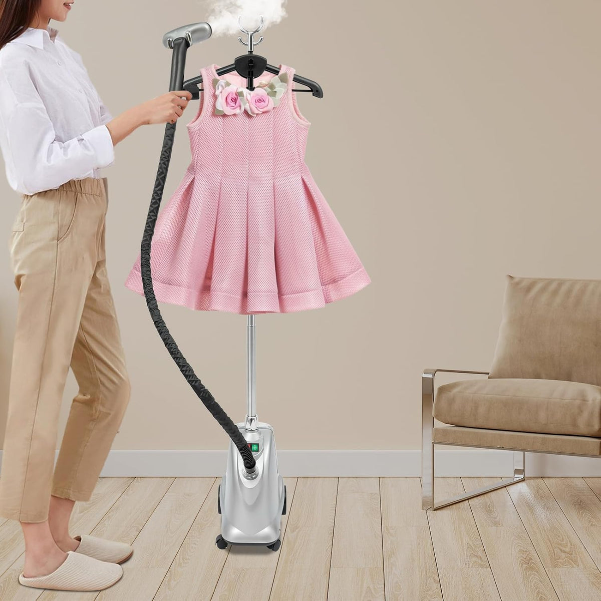 CHIMHOON défroisseur vapeur, 2200 W., 220-240 V, 50-60 Hz., 3 litres, 1,75 m, argenté/rouge., 3 à (argenté)