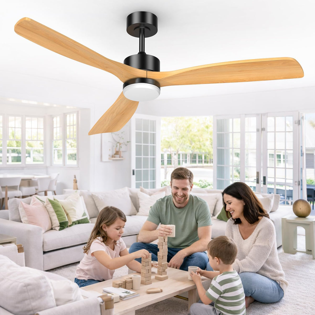 Airwit Ventilateurs de plafond avec lampe intégrée, 152 cm, Blanc, Grand Ventilateur Plafond avec Lumière Pales en Bois Massif