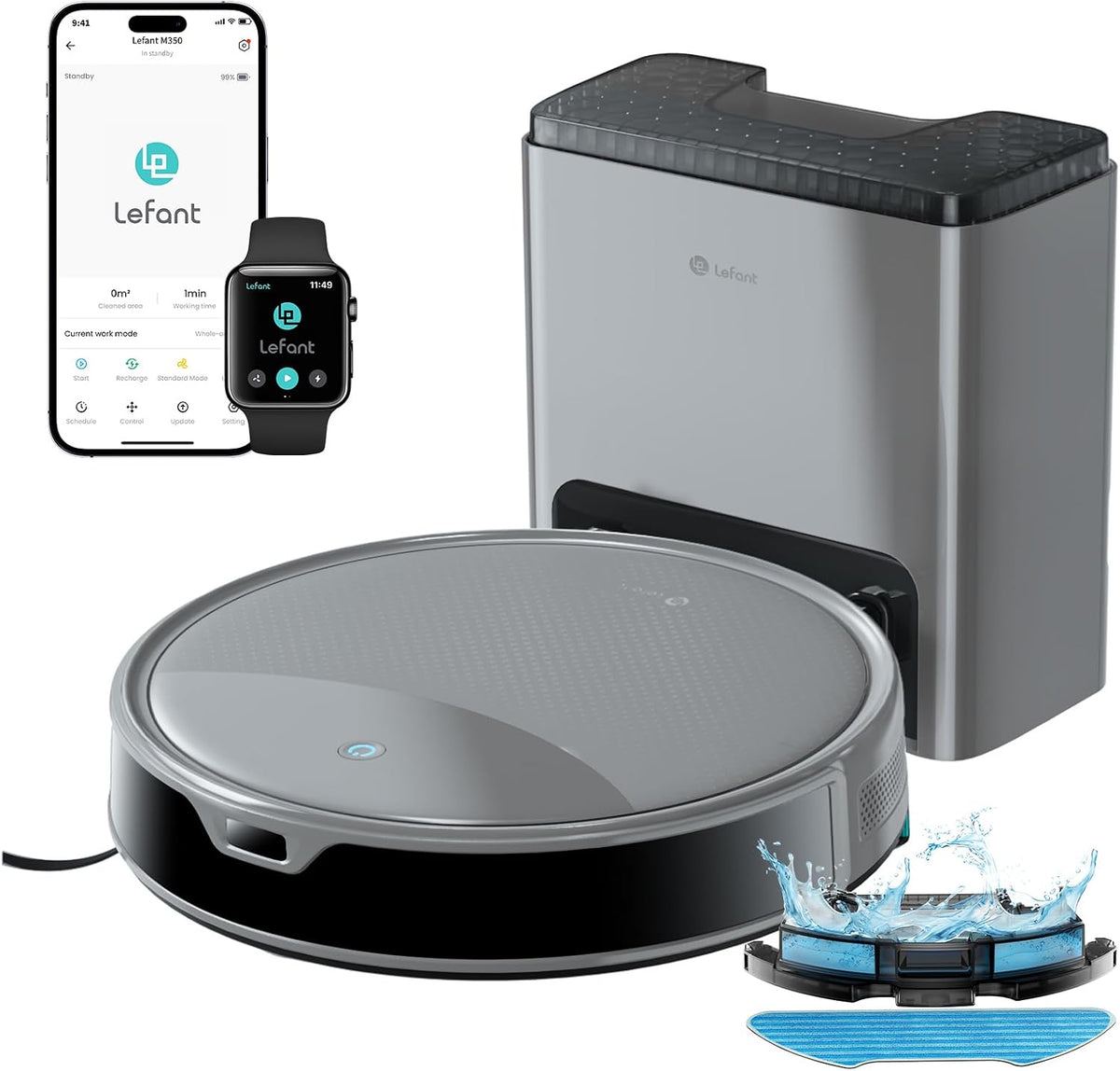 Lefant robot aspirateur, 7,9 cm, Noir, M350 Aspirateur Robot Laveur avec Station 6000Pa, Ultra-Fin, Vidage Automatique 75 Jours